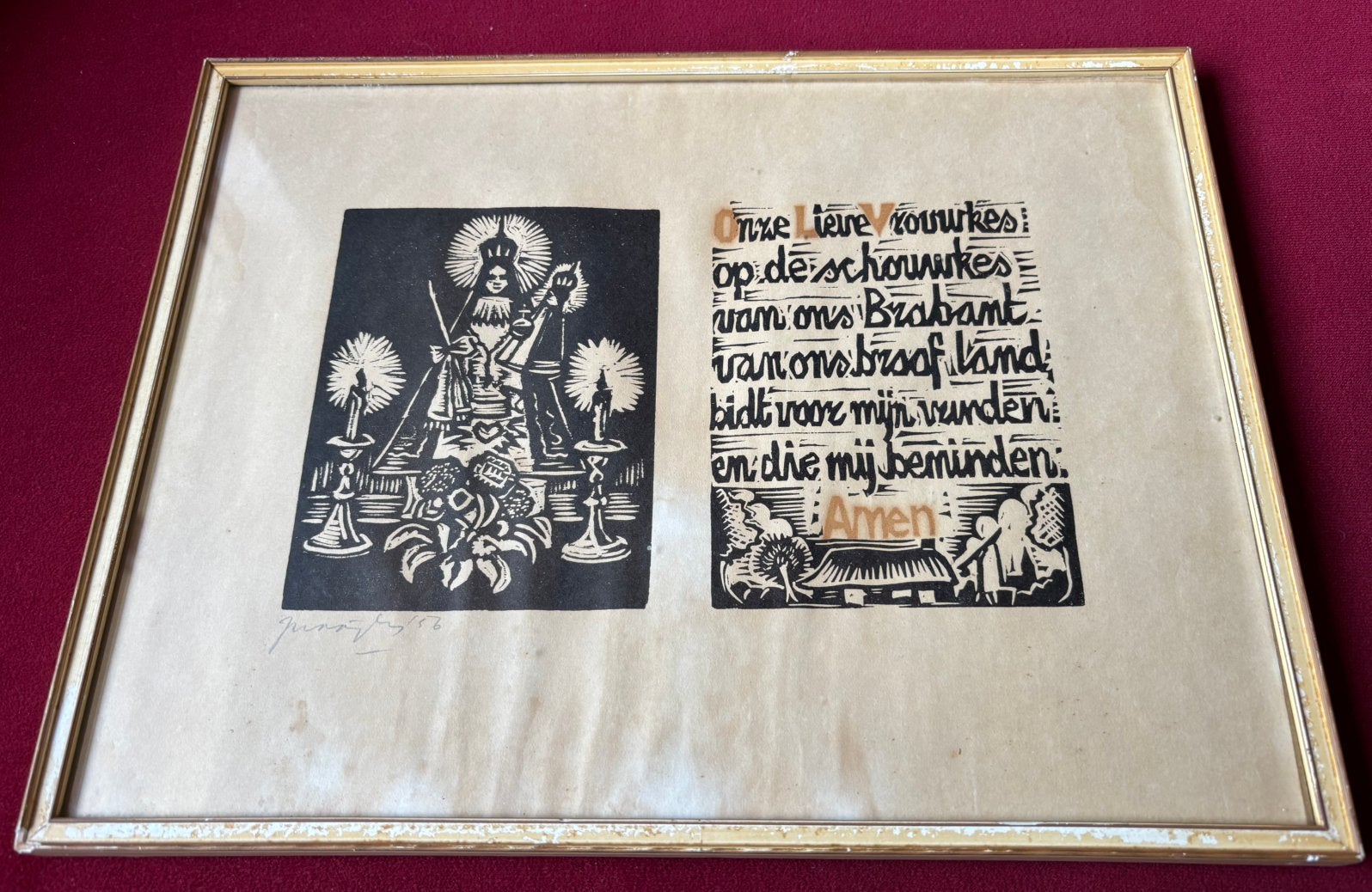 Houtsnede Moeder Maria door Jan Naaijkens, 1950 - 1999, Religie, Ophalen of Verzenden, Gesigneerd