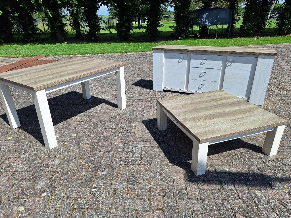 Set eiken print folie in bruin/grijs met wit /tafel dressoir, Gebruikt, Met deur(en), Ophalen of Verzenden, 200 cm of meer