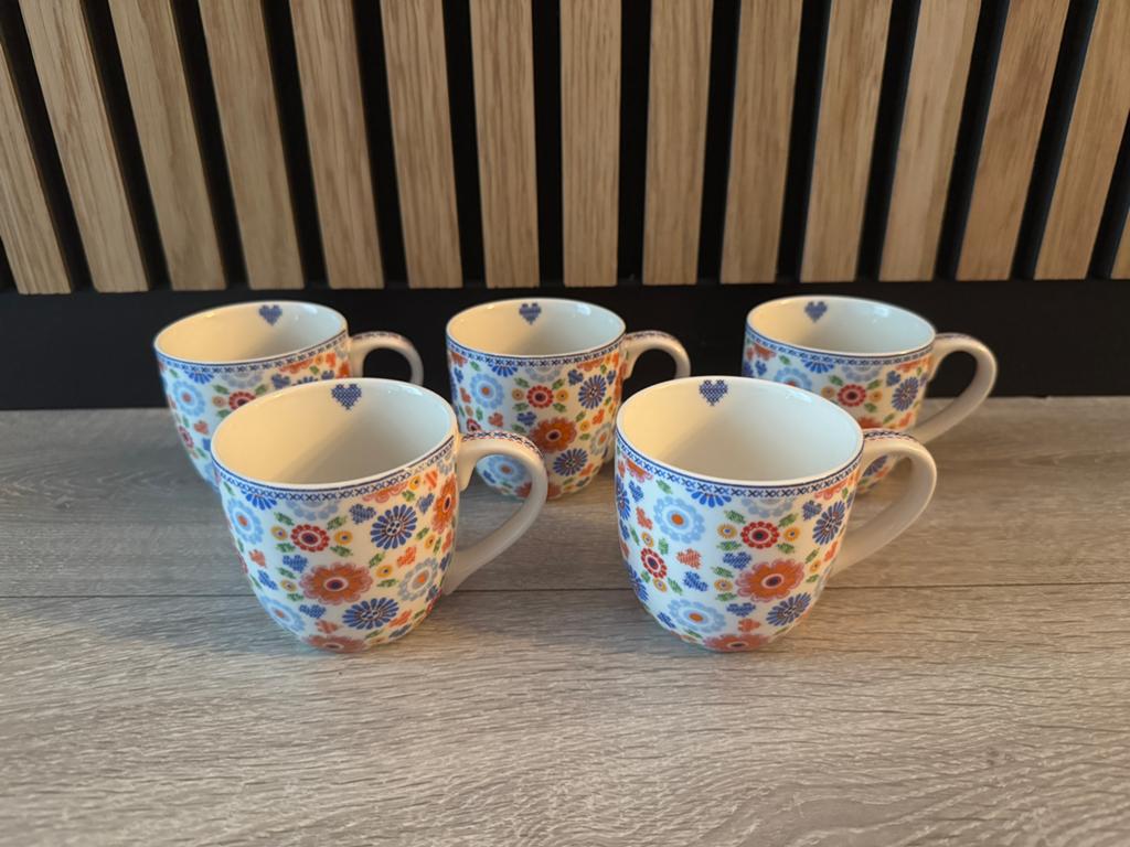 5 koffiekopjes / senseokopjes Yvon Jaspers kakelbont., Huis en Inrichting, Ophalen of Verzenden, Overige stijlen, Kop(pen) en/of Schotel(s)