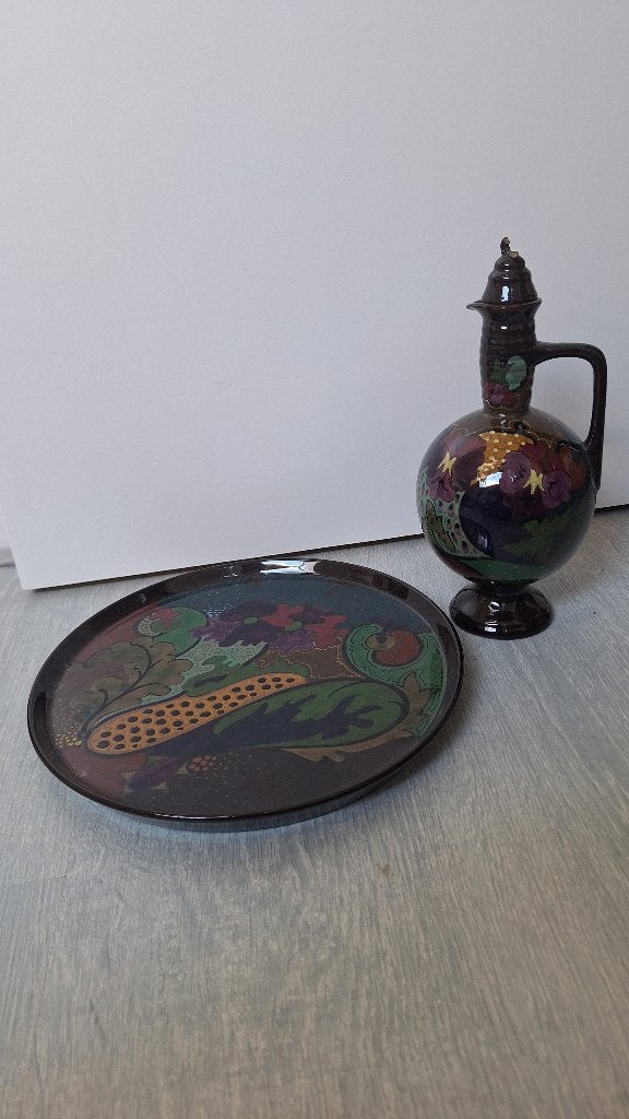 Antieke Art Nouveau Set - Gouds plateel Karaf & Schaal, Ophalen of Verzenden