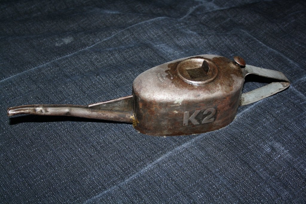 oude oliekan met zelf aangemaakt handvat, Ophalen of Verzenden