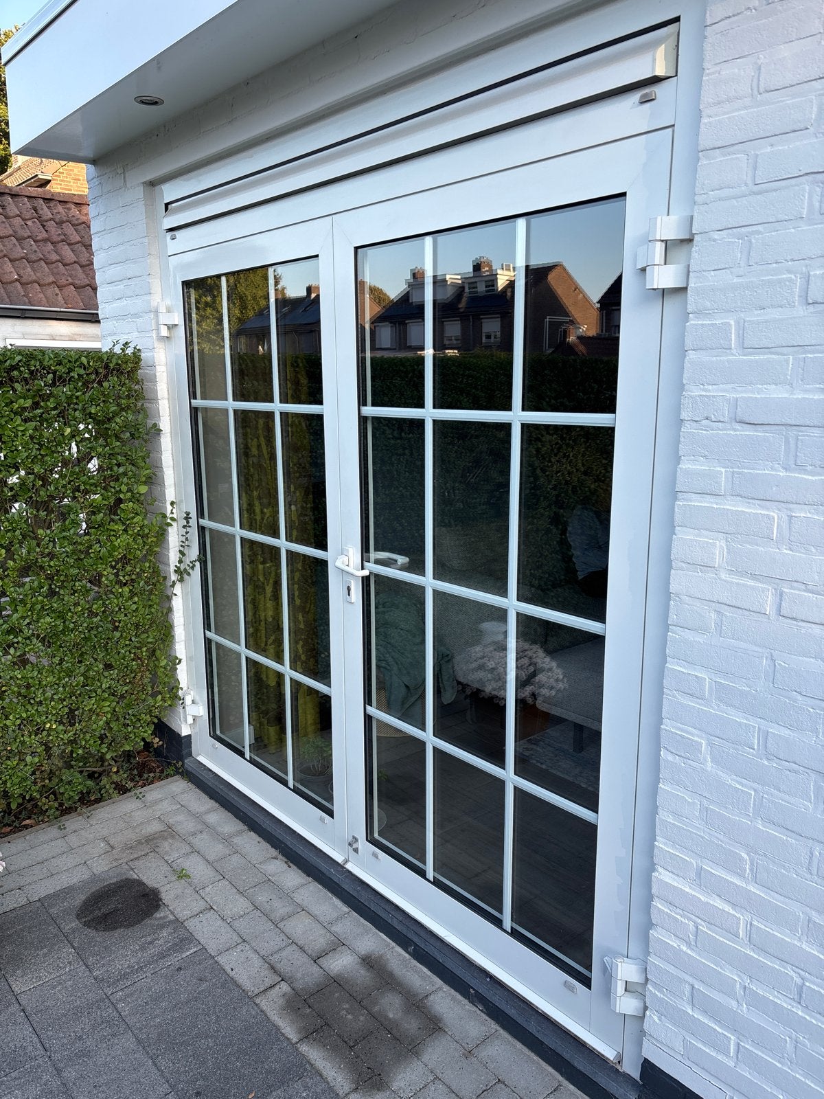 Dubbele openslaande tuindeuren met glas en rolluik, Ophalen, Gebruikt, Buitendeur, Glas