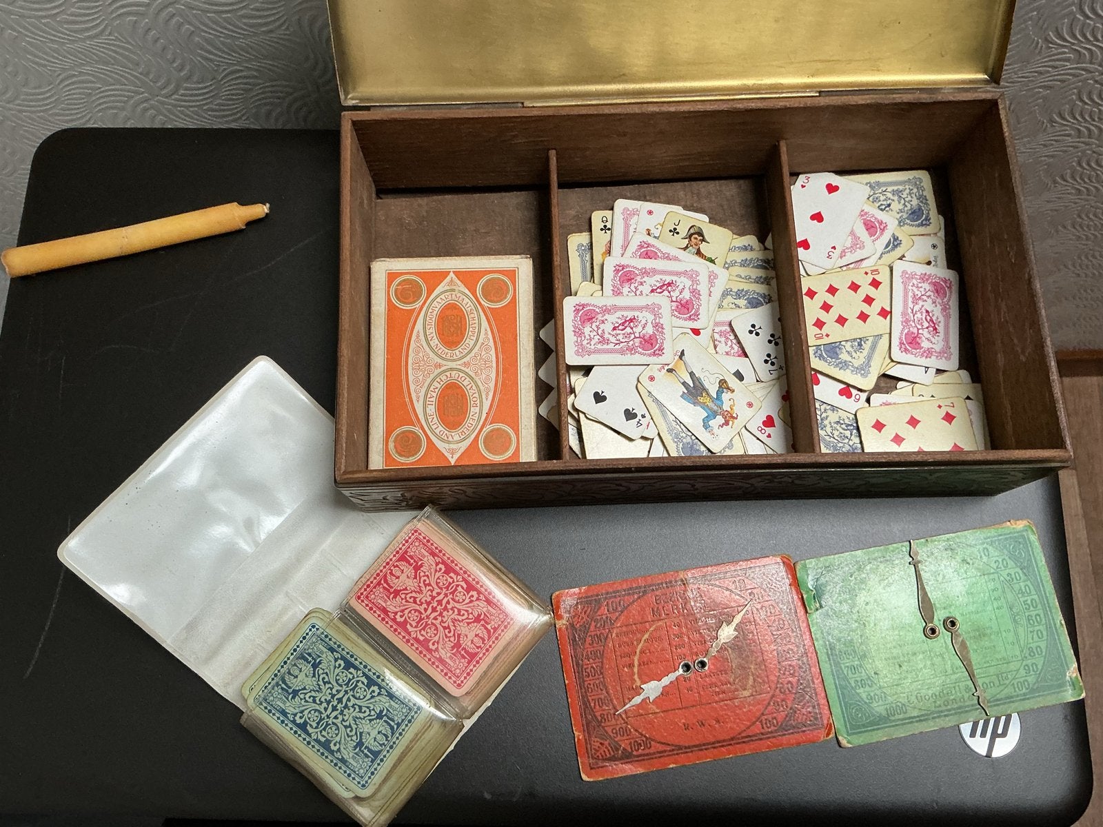 Antieke Bezique registers en oude speelkaarten, 4 dozen, Een of twee spelers, Ophalen of Verzenden, Gebruikt