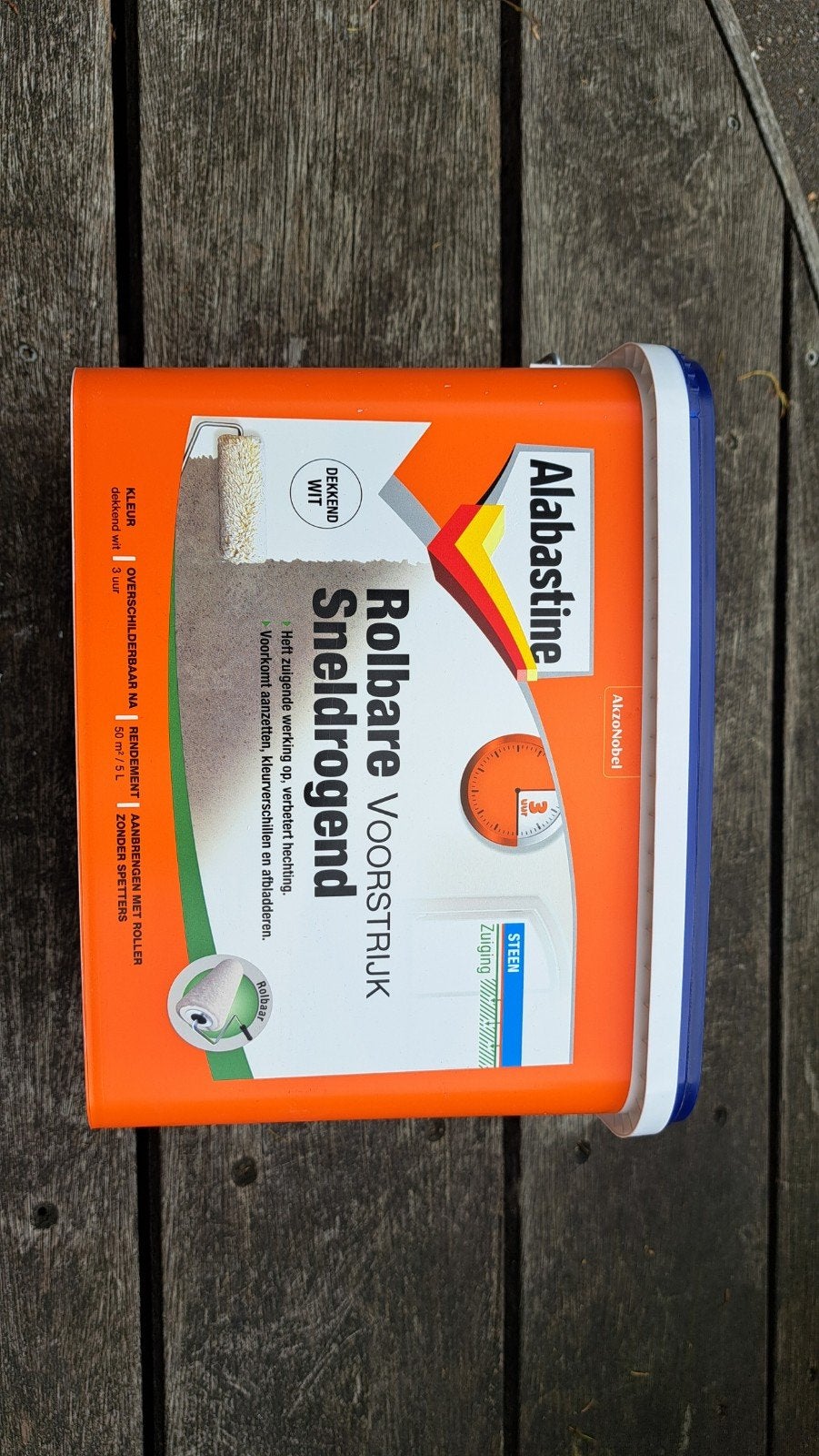 Alabastine Rolbare Voorstrijk - Halve pot ca. 25m2, Gebruikt, Wit, Ophalen of Verzenden, Verf