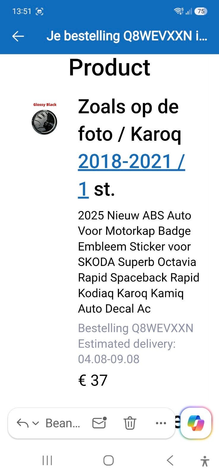 Skoda Motorkap Embleem Badge Zwart Glanzend 90mm, Ophalen of Verzenden