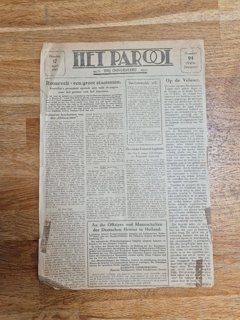 Wo2 illegale pers verzetskrant Het Parool, 17 april 1945, Ophalen of Verzenden, Overige soorten, Nederland, Boek of Tijdschrift