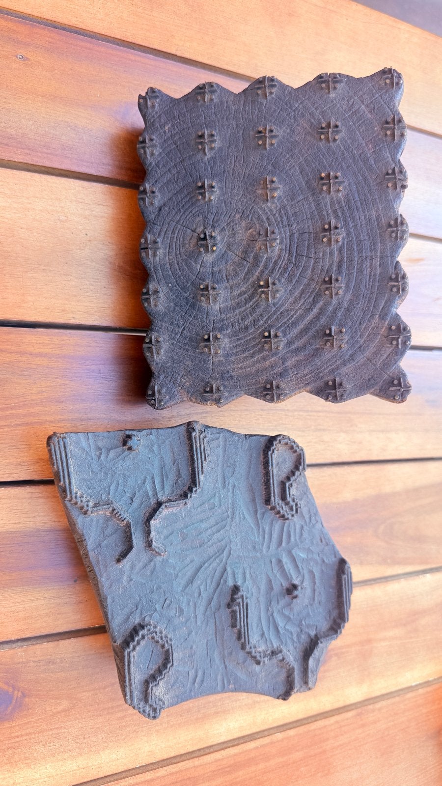 Set van 2 Antieke Houten Textielstempels - Batik / Blockprin, Antiek en Kunst, Ophalen of Verzenden