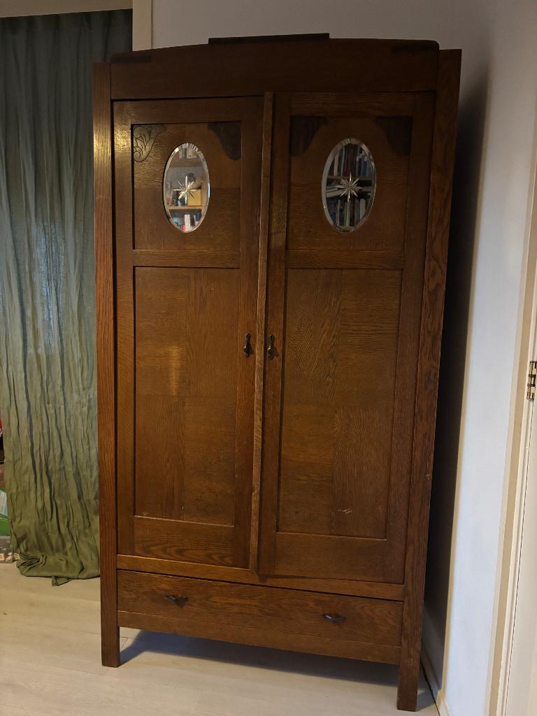Vintage houten linnen kast met geslepen spiegels, Antiek en Kunst, Antiek | Meubels | Kasten, Ophalen