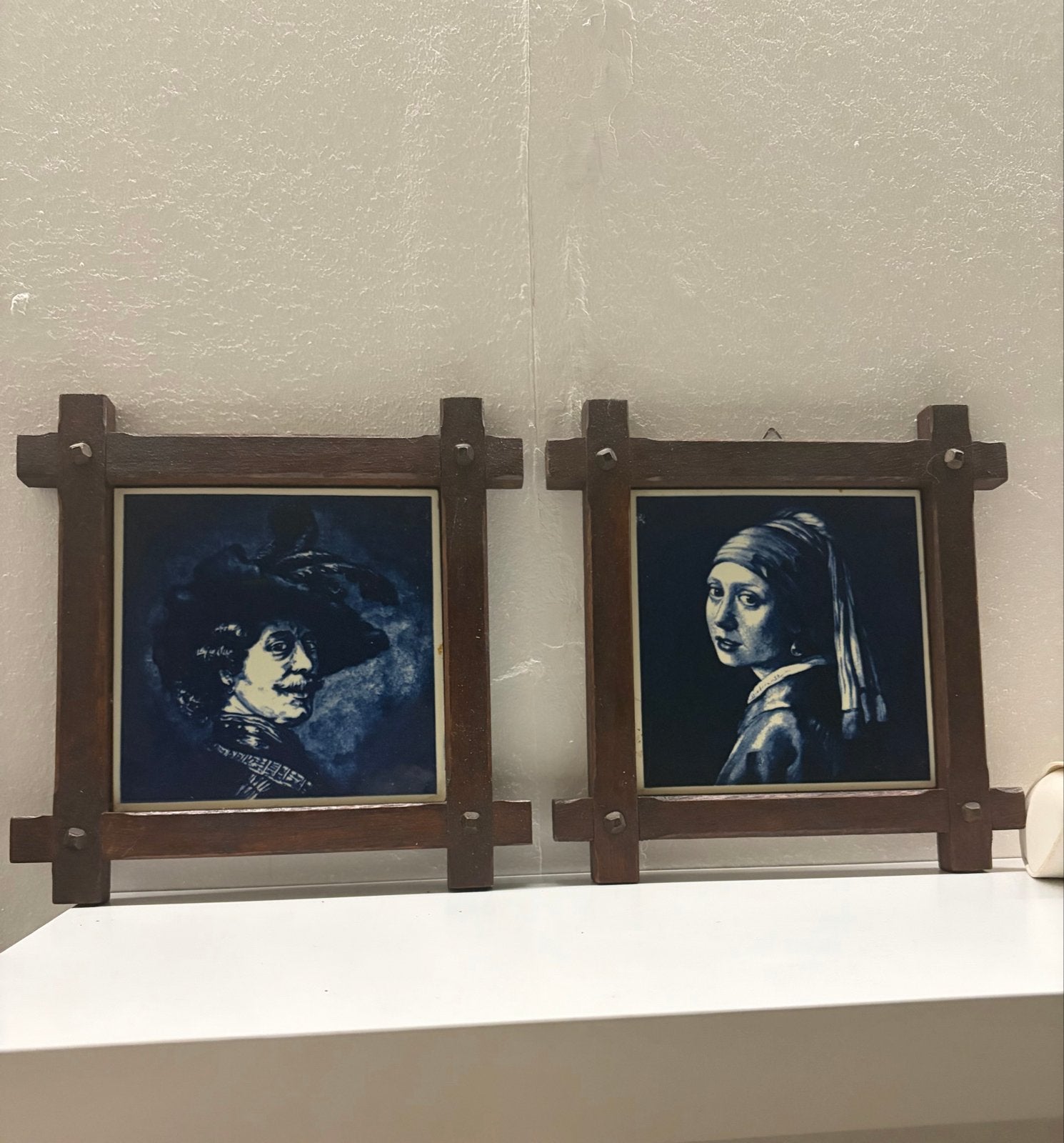 Set van 2 Delfts Blauwe Tegeltjes met Houten Lijst, Ophalen