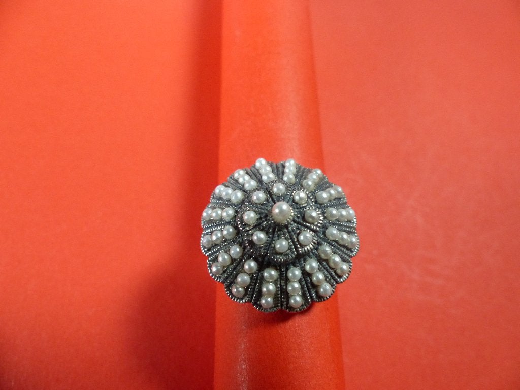 Mooie Aparte Ronde Zilveren Ring met veel Zaadparels, Verzenden, Zilver, Ring, Met edelsteen