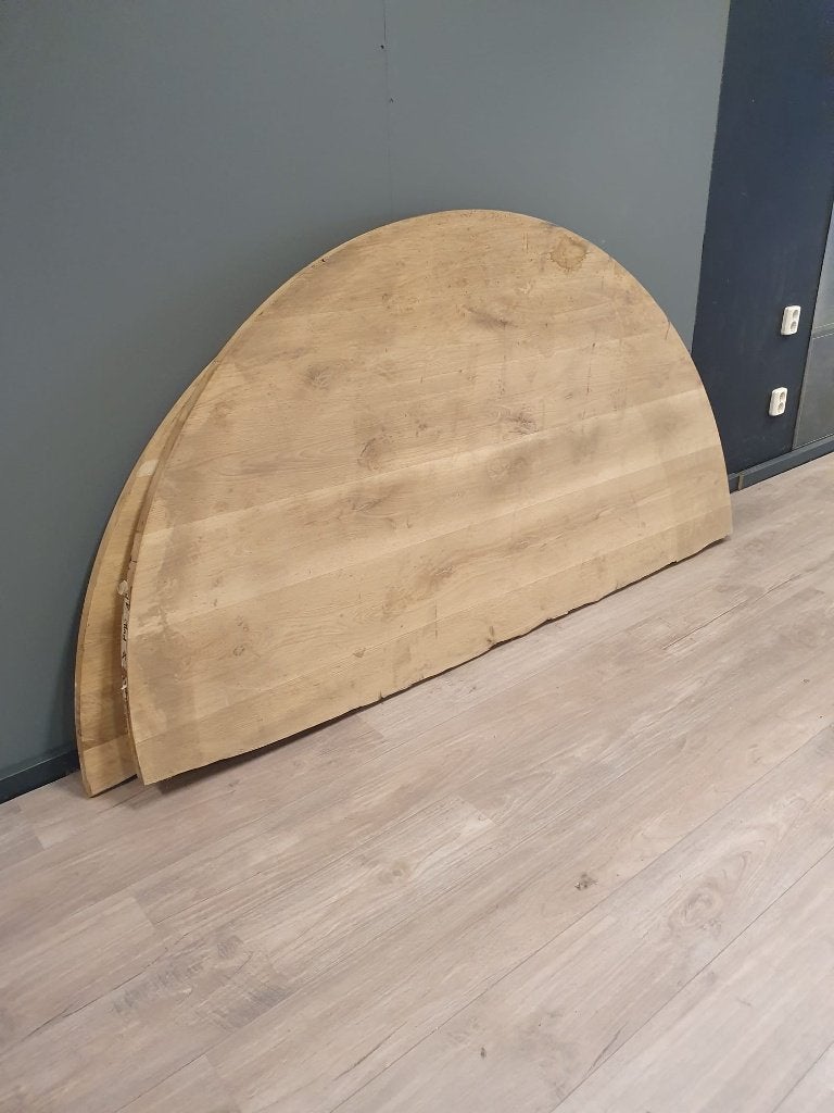Gescheurd rond eiken tafelblad van 150cm doorsnee, Ophalen, 150 tot 200 cm, Nieuw, 150 tot 200 cm