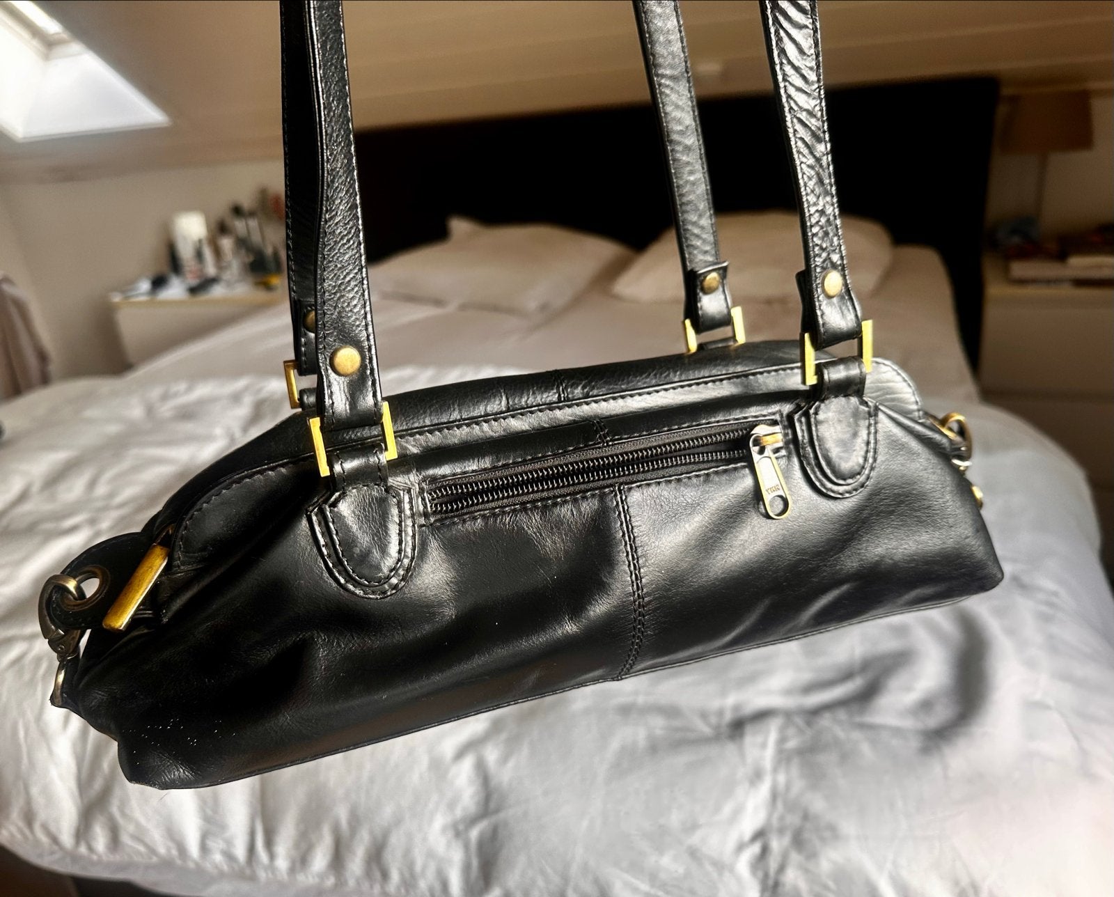 Vintage zwarte leren schoudertas / Baguette bag (Echt leer!), Ophalen of Verzenden, Zo goed als nieuw, Zwart, Handtas