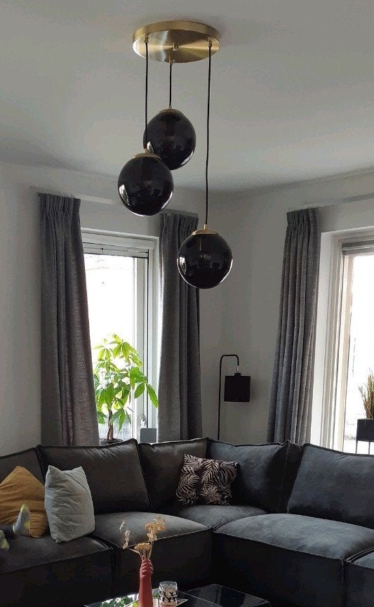 Qazqa Art Deco Hanglamp - 3 lichts - Zwart/Goud, Ophalen, Zo goed als nieuw, Glas, 75 cm of meer