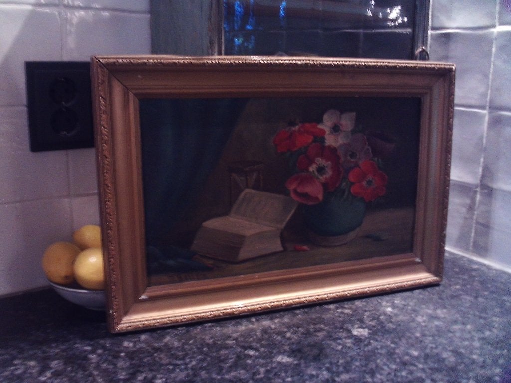 Oud Schilderij Bloemen in Goudkleurige Lijst (49x33 cm), Bloemen, Paneel, Ingelijst, Ophalen of Verzenden