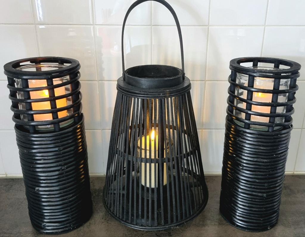 STEL RIETEN KANDELAARS MET LED KAARSEN, Ophalen, 25 tot 50 cm, Zwart, Zo goed als nieuw