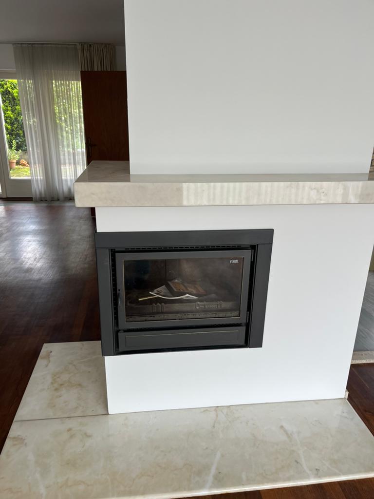 Inbouw hoek haard FLAM MT 74/56E, Huis en Inrichting, Ophalen, Gebruikt, Inbouwhaard, Houthaard
