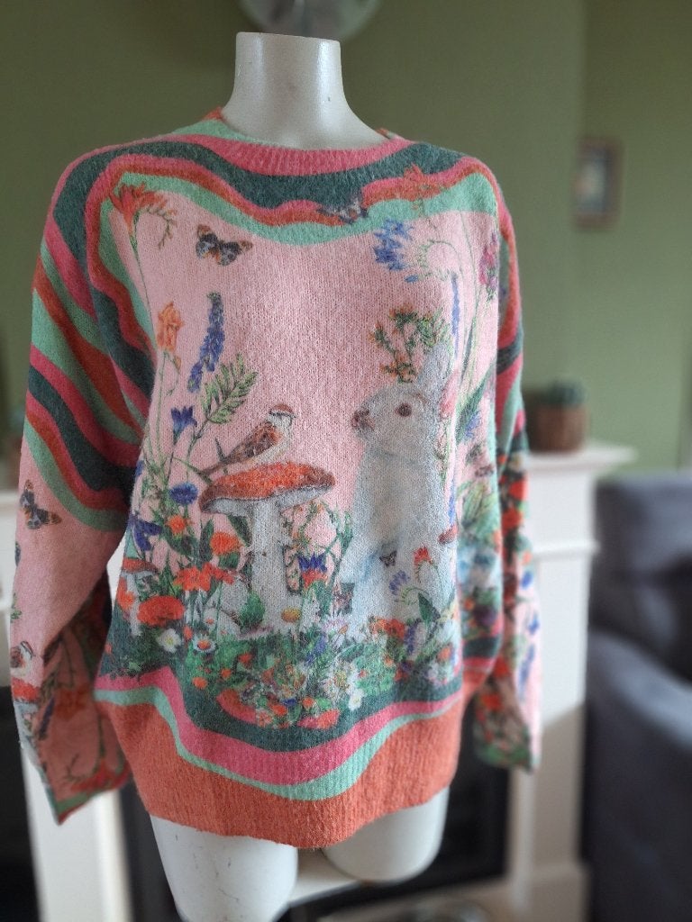 Pastelkleur nieuwe trui konijn paddenstoel vogel natuur XXL, Verzenden, Nieuw, Maat 46/48 (XL) of groter, Meerkleurig