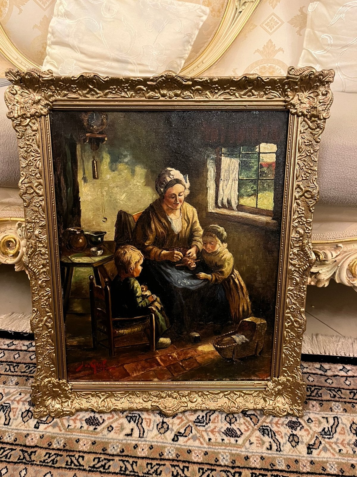 Antiek olieverf schilderij boerin met kinderen, Antiek en Kunst, Ophalen