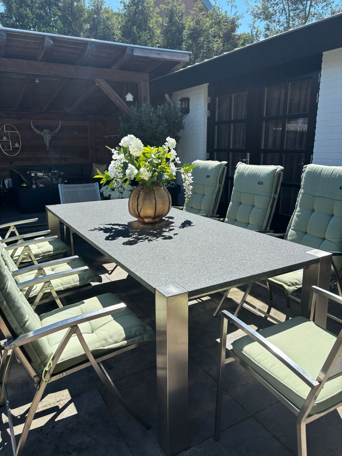Luxe tuinset(tafel+ stoelen) 8 p.p, in zeer goede staat!, Ophalen, Eettafel, Rvs, Tuinset