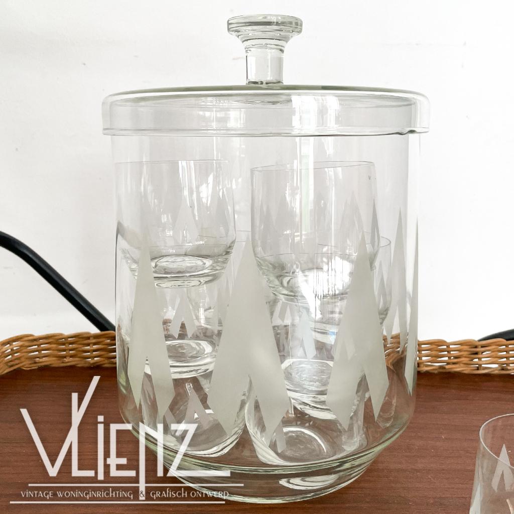 Vintage, glazen bowl set met deksel en 12 glazen, Antiek en Kunst, Antiek | Glas en Kristal, Ophalen