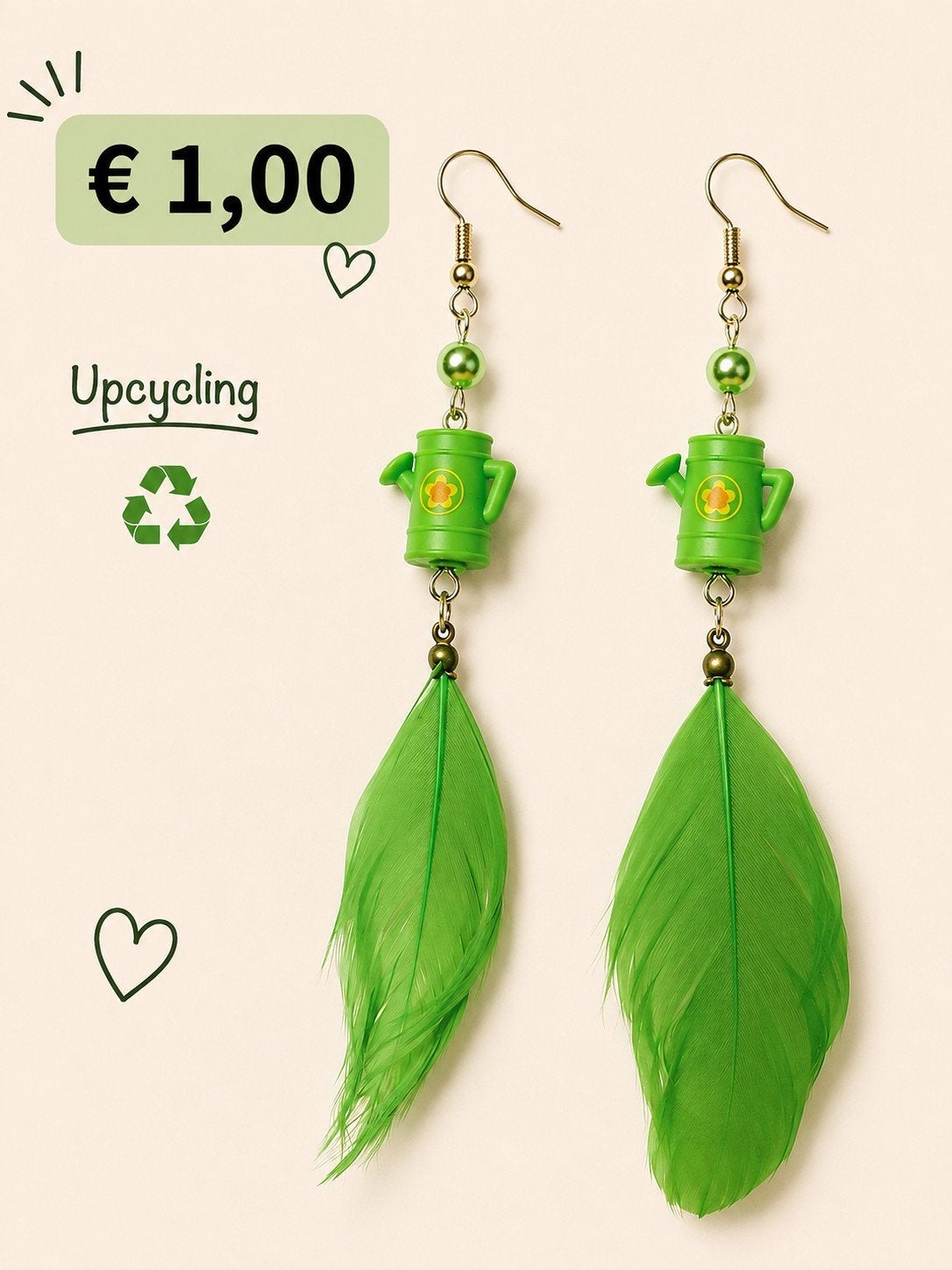 Groene statement oorbellen met veren – upcycling – 12 cm, Overige materialen, Hangers, Ophalen of Verzenden, Zo goed als nieuw
