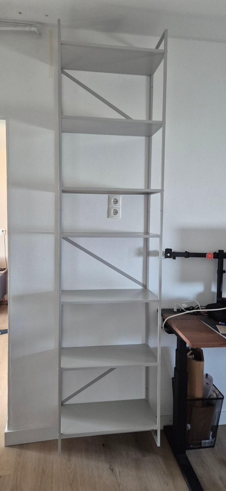 Grijze metalen stellingkast / boekenkast met 7 planken, Ophalen, Met plank(en), Gebruikt, 200 cm of meer