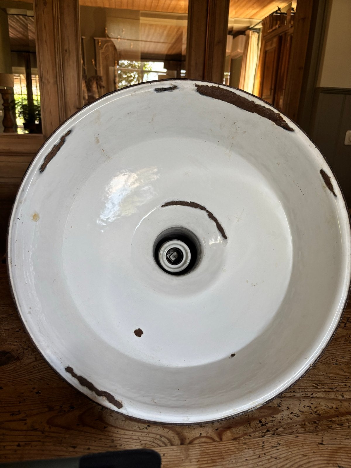 Oude industriële emaille lamp - Zwart/Wit, Antiek en Kunst, Ophalen