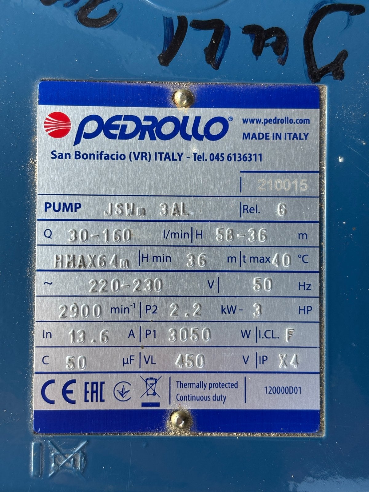 Pedrollo JSWm 3AL 3 PK (2,2 kW) Beregeningspomp / Bronpomp, Ophalen, Zo goed als nieuw, Elektrisch, Beregeningspomp