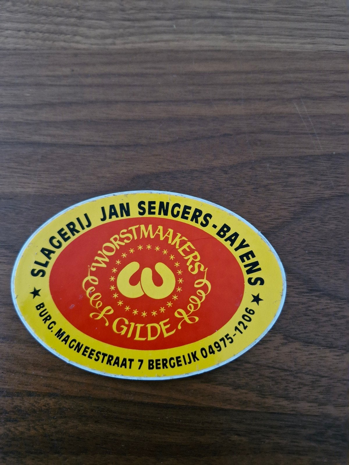 739 Vintage Sticker Slagerij Jan Sengers-Bayens Bergeijk, Ophalen of Verzenden, Gebruikt