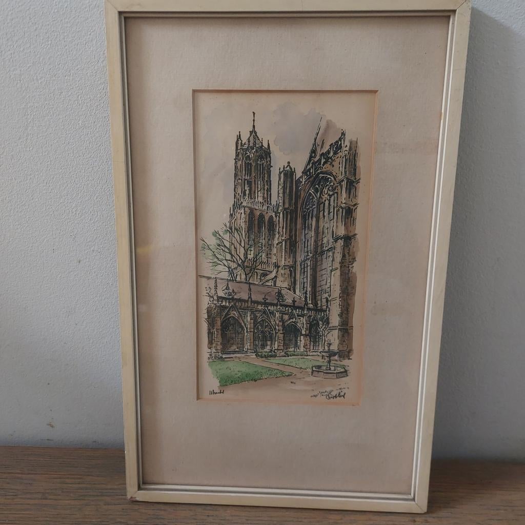 Uniek  gesingeerd oud schilderij Dom van Utrecht - 1964, Antiek en Kunst, Ophalen of Verzenden