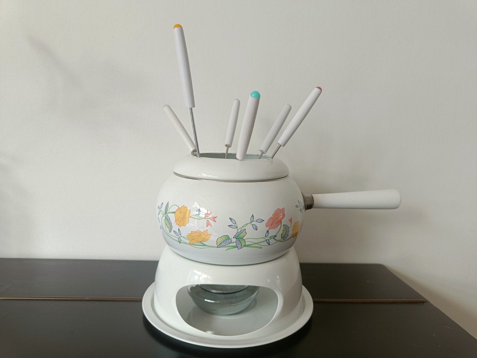 Vintage Fondueset met Bloemenprint en 6 Vorkjes, Witgoed en Apparatuur, Fonduesets, Ophalen of Verzenden, Zo goed als nieuw, Brander