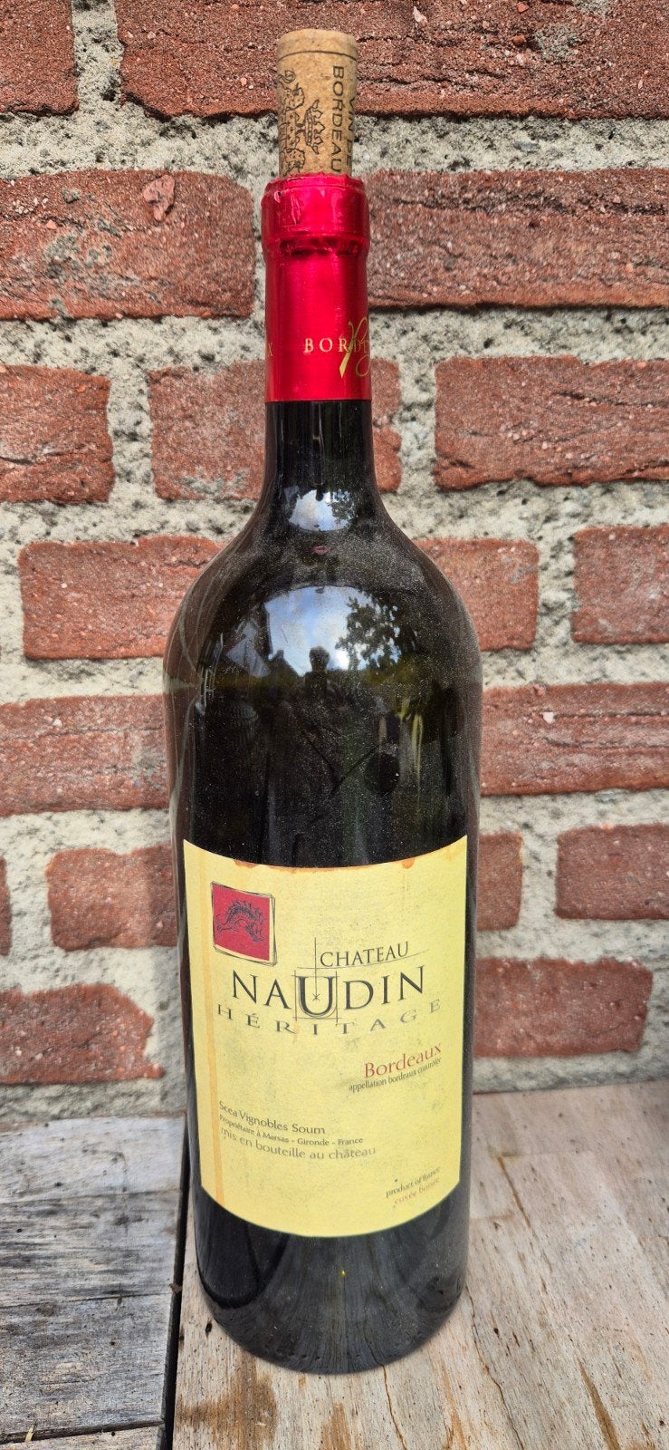 Lege 1,5 liter Chateau Naudin Heritage Bordeaux wijnfles, Verzamelen, Gebruikt, Frankrijk, Ophalen of Verzenden, Rode wijn
