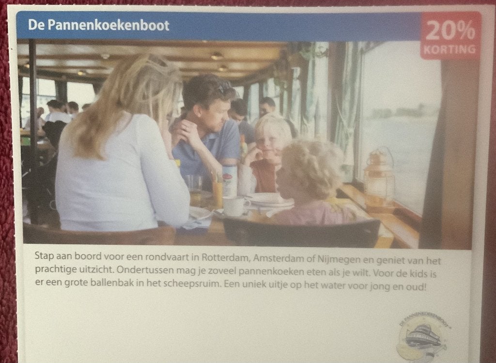De Pannenkoekenboot Amsterdam/Nijmegen/Rotterdam Voordeelbon, Tickets en Kaartjes, Drie personen of meer, Kortingsbon, Overige typen