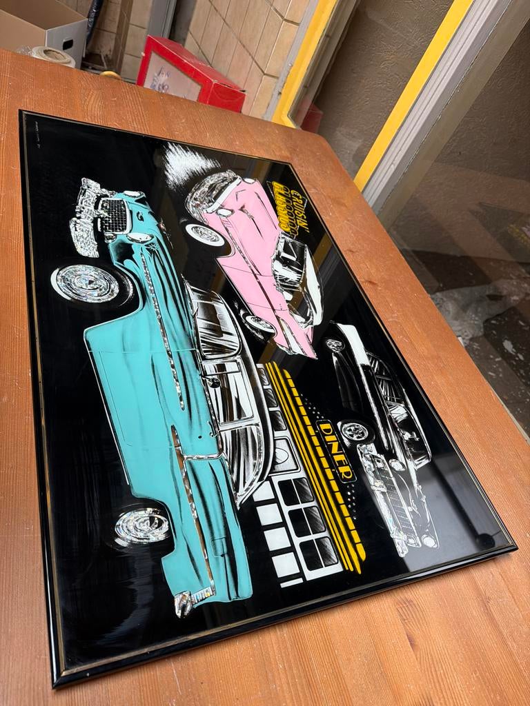 Retro Diner Auto Schilderij - Vintage Oldtimers Wanddecorati, Gebruikt, 50 tot 75 cm, Ophalen of Verzenden, Schilderij