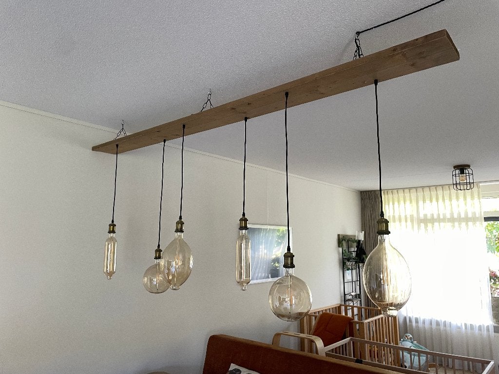Hanglamp van steigerhout met 6 lichtpunten., Ophalen, Gebruikt, Rustiek/industrieel, E27 (groot)