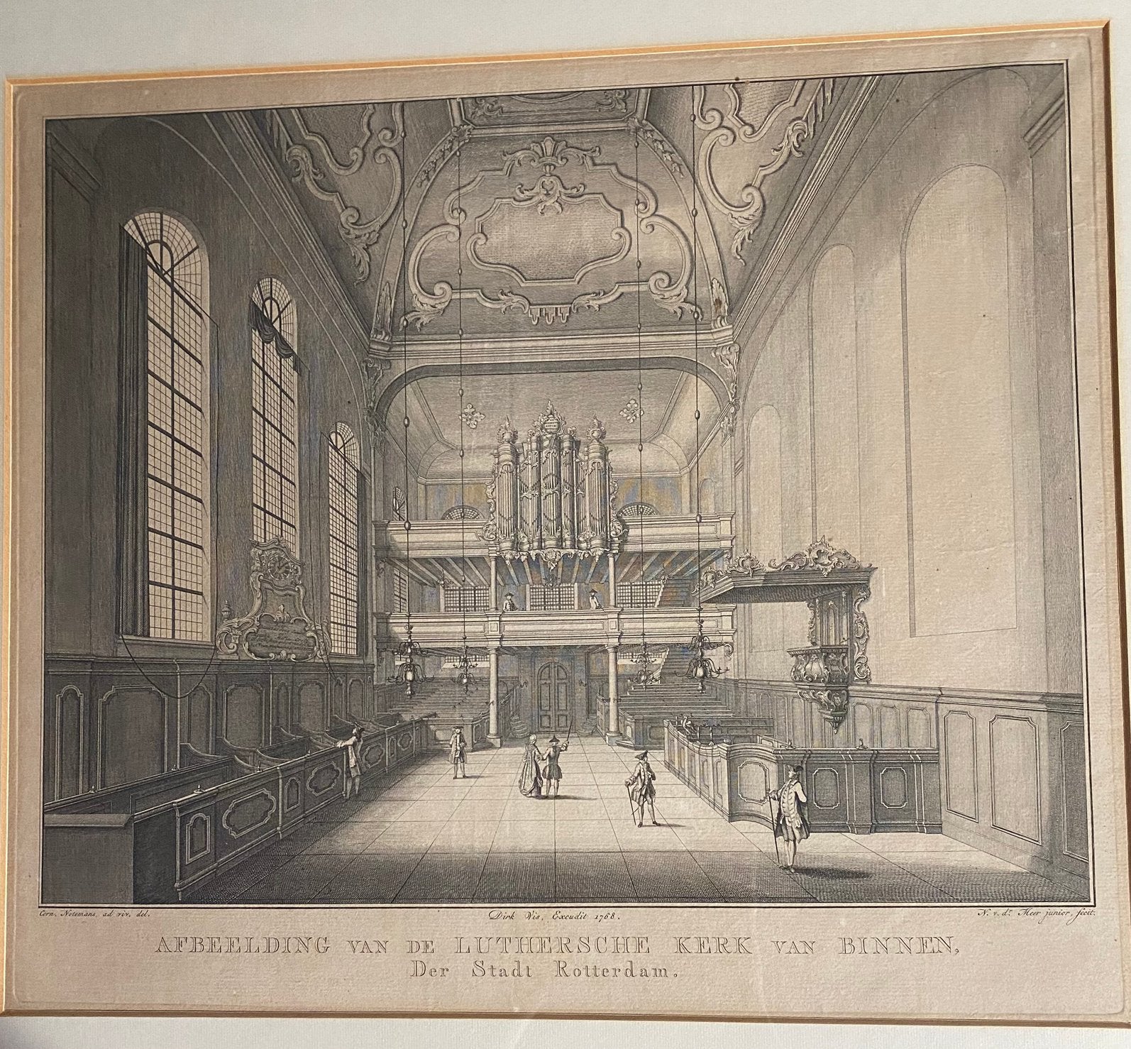 Rotterdam interieur Lutherse Kerk 1768 Origineel!, Architectuur, Ingelijst, Ophalen of Verzenden, Gravure