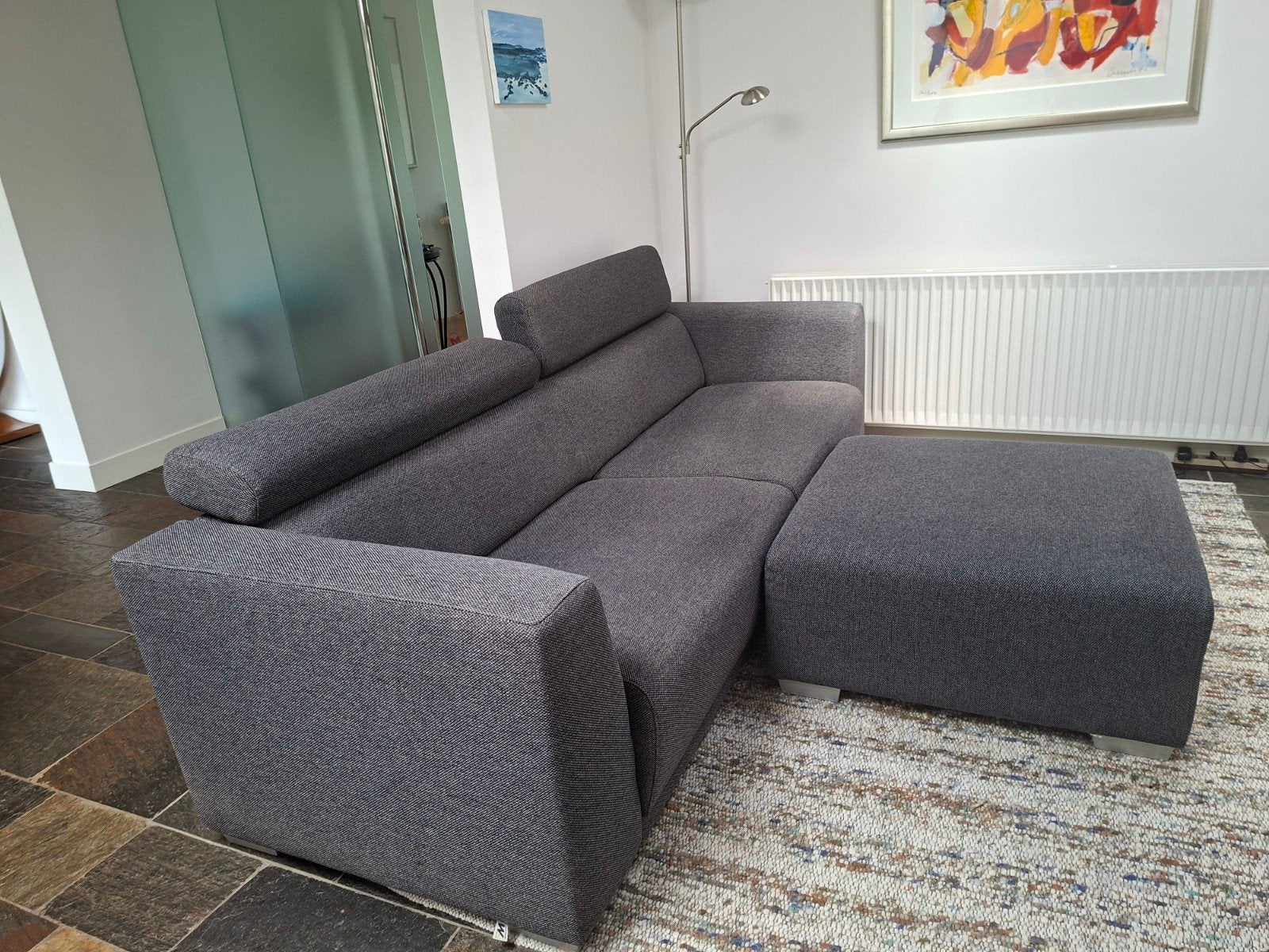 Grijs/blauwe 3 zitsbank met Hocker in uitstekende staat., Ophalen, Gebruikt, 100 tot 125 cm, Driepersoons