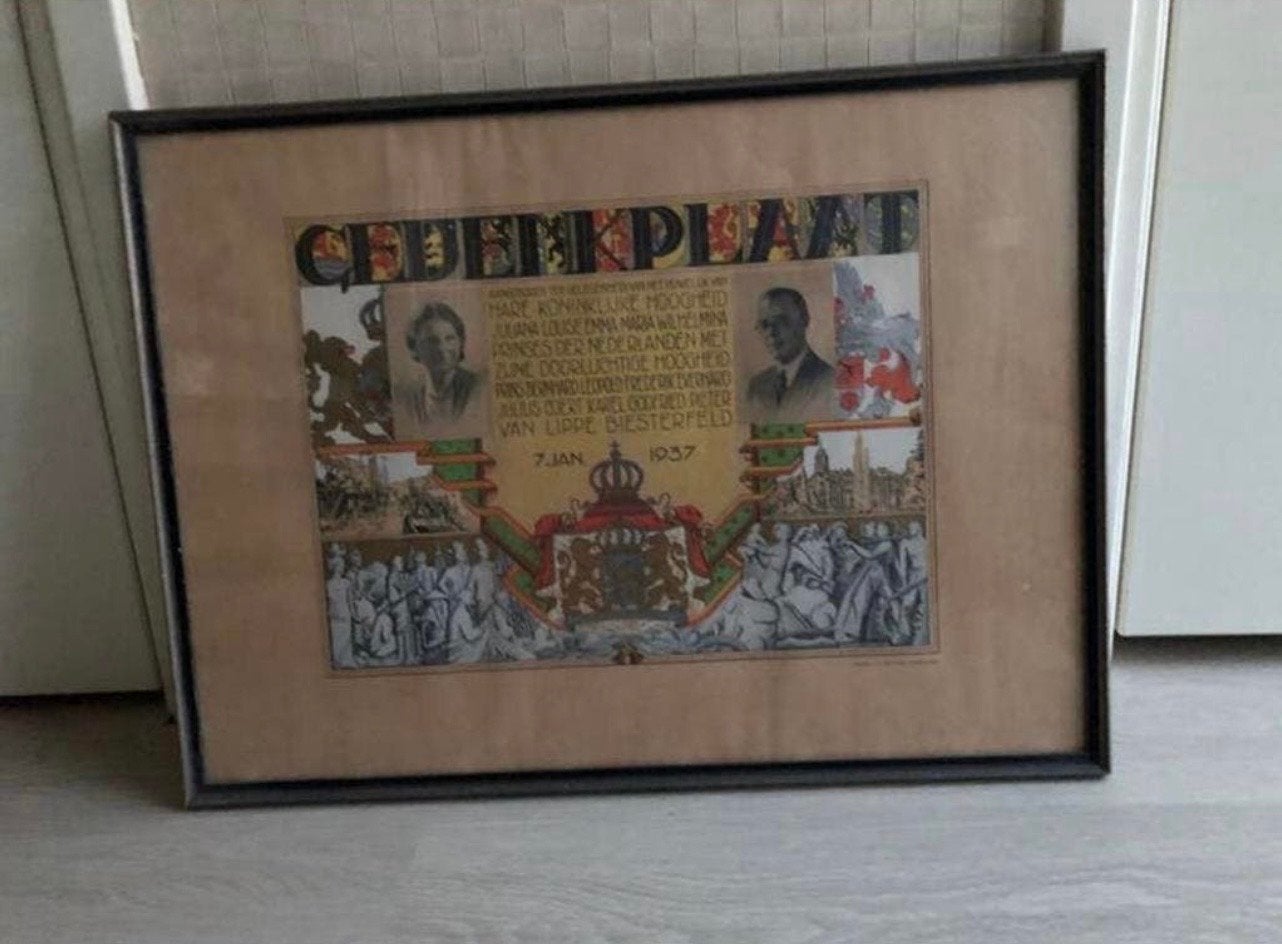 Huwelijksplaat Juliana & Bernhard 1937 - Ingelijst, Verzamelen, Ophalen, Gebruikt, Nederland, Kaart, Foto of Prent