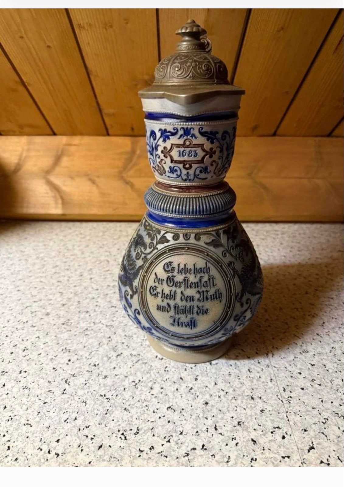 Antieke Bierpul Steengoed met Tin Deksel, Ophalen of Verzenden