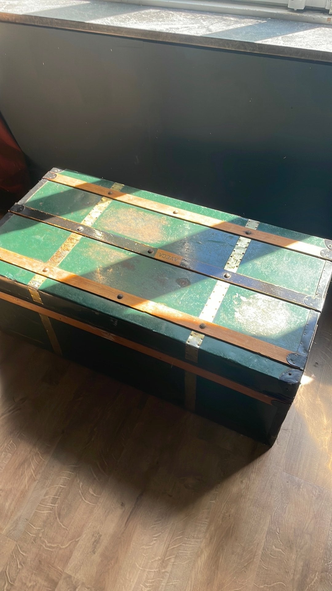 Oude dekenkist / hutkoffer donkergroen, Ophalen, Gebruikt, Minder dan 50 cm