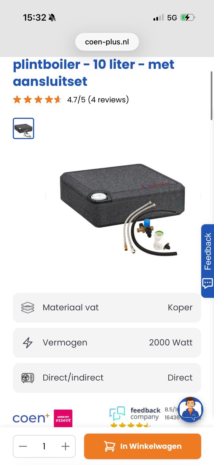 Inventum plint boiler nieuw in doos met aansluitset, Nieuw, Minder dan 3 jaar oud, Minder dan 20 liter, Boiler