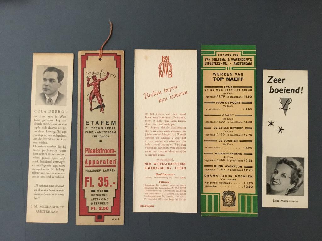 Vijf boekenleggers: Estafem, Holkema enz., Ophalen of Verzenden, Zo goed als nieuw, Reclame