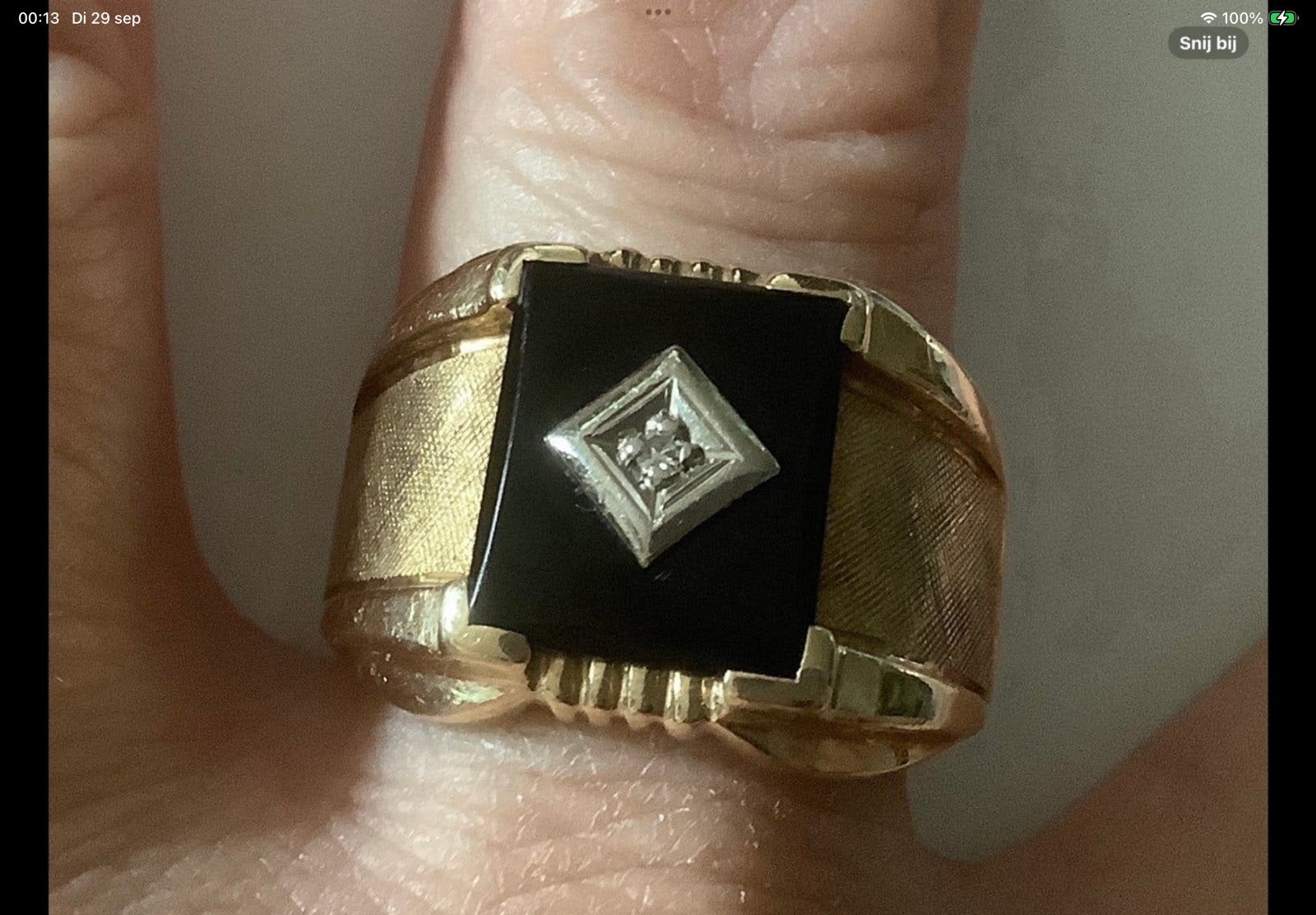 Vintage gouden ring zwart Onyx en Diamant 14 k goud 585, 20 of groter, Verzenden, Heer, Zo goed als nieuw
