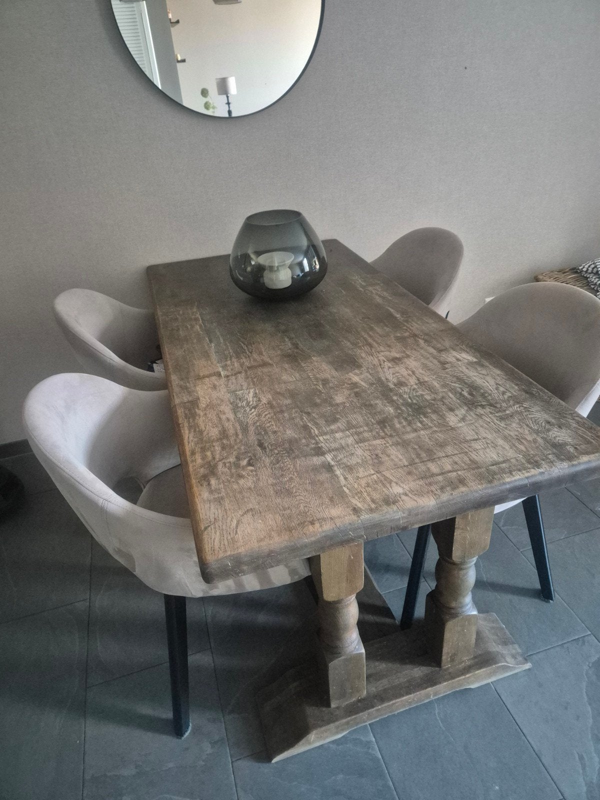 Robuuste eikenhouten eettafel met gedraaide poten, Ophalen, Gebruikt, 100 tot 150 cm, Landelijk, Rustiek