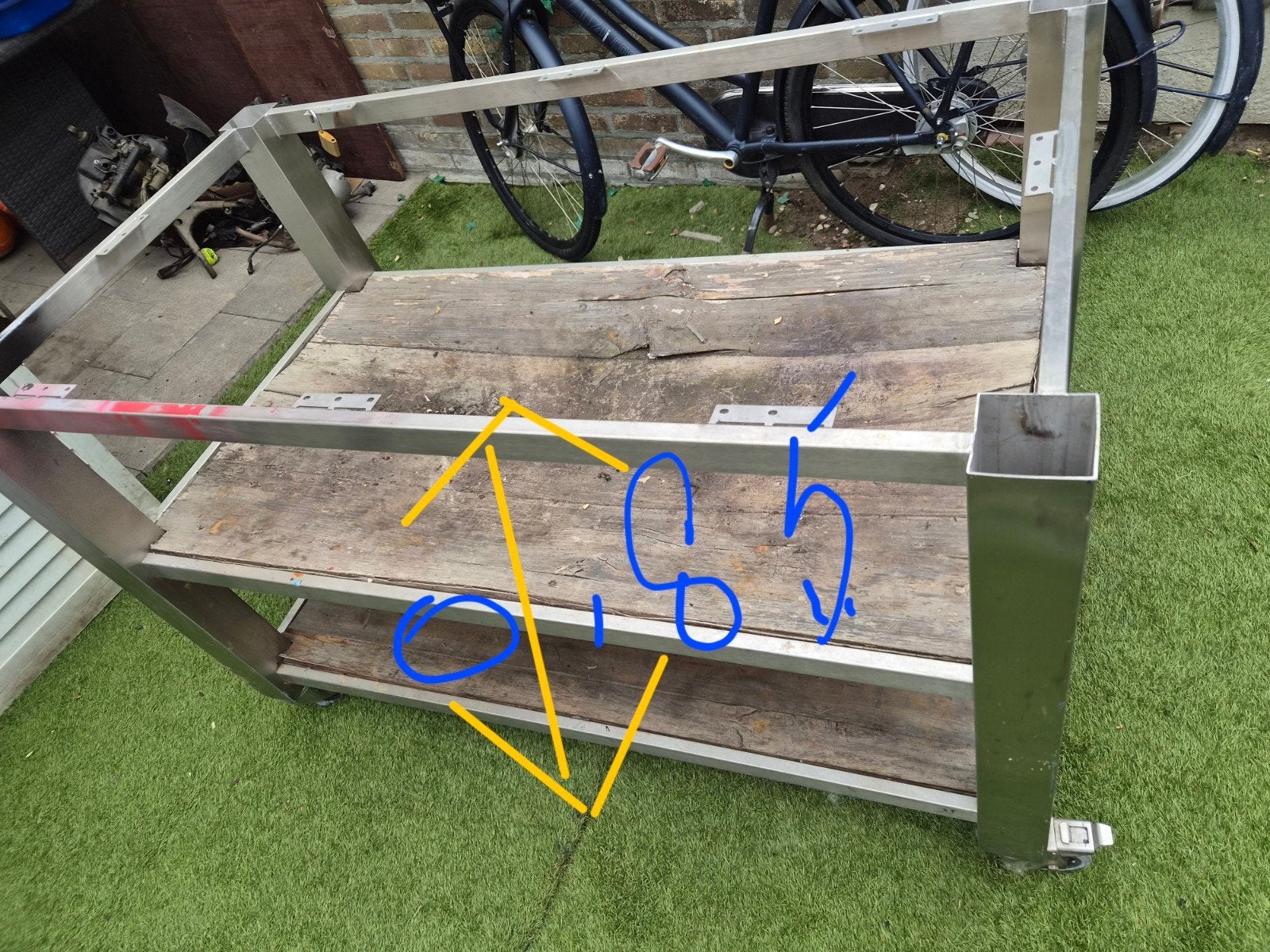 Robuuste werkbank/tafel op wielen - RVS en hout, Tuin en Terras, Tuintafels, Ophalen, Gebruikt, Rechthoekig, Rvs