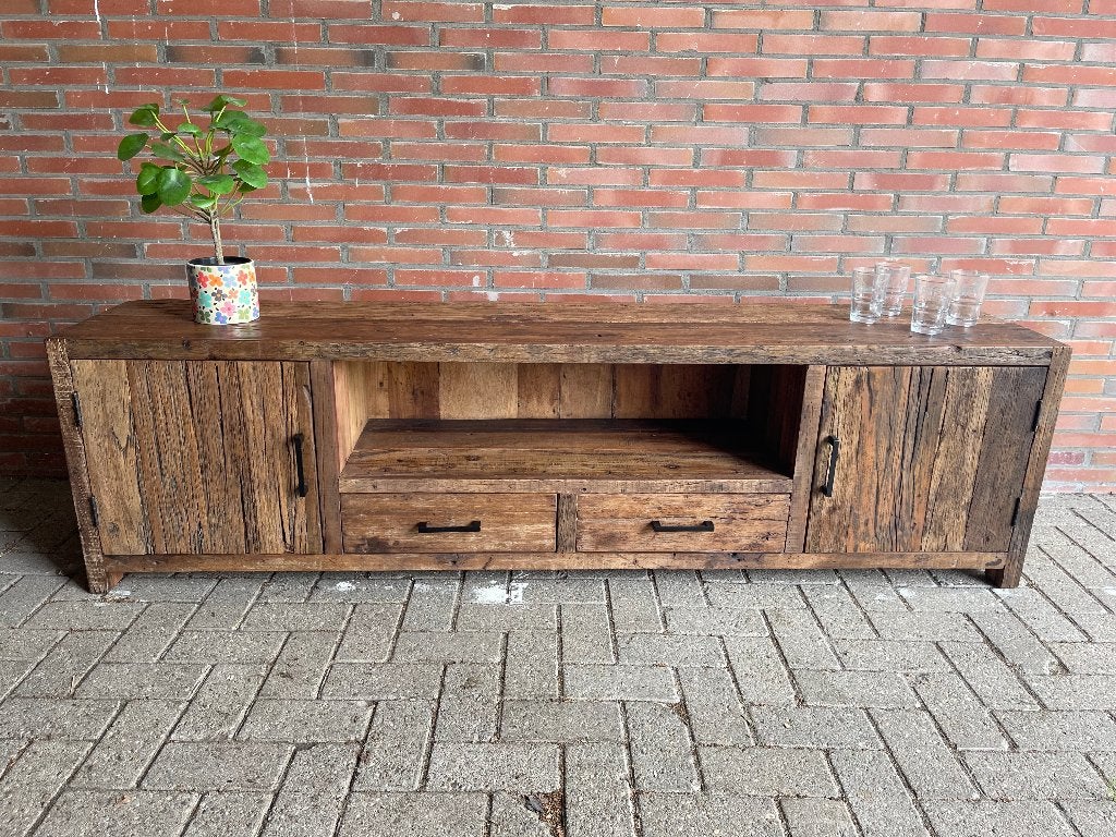 TV-MEUBEL 200 CM OUDHOUT MET DEUREN EN LADES VOORRAAD UNIEK, 1 of 2 laden, 150 tot 200 cm, Nieuw, Ophalen of Verzenden