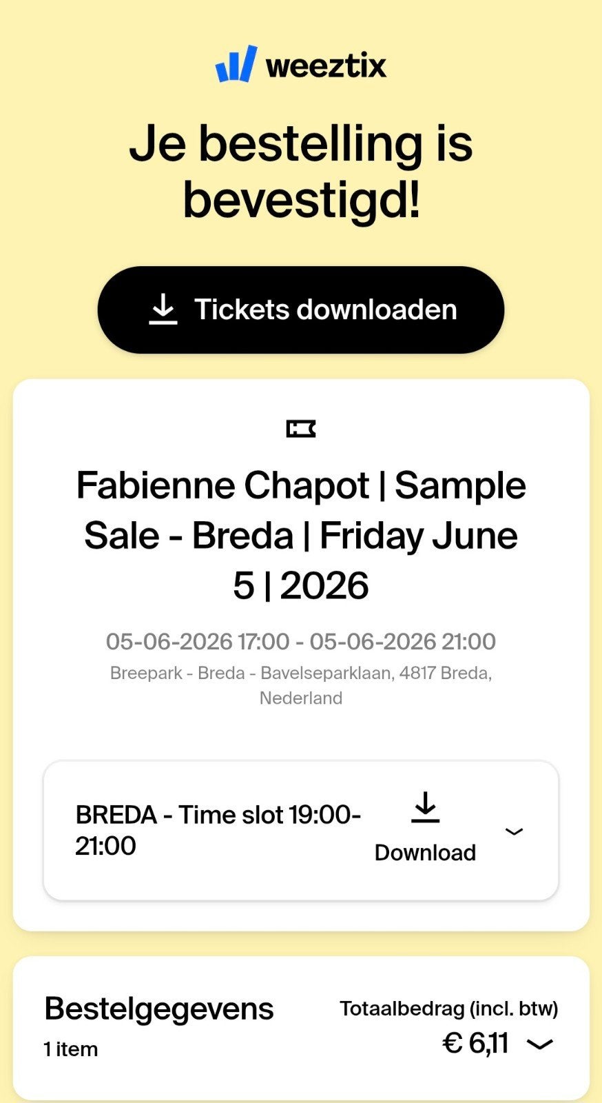 Fabienne Chapot Sample Sale ticket 5 juni 17-19/19-21u Breda, Eén persoon