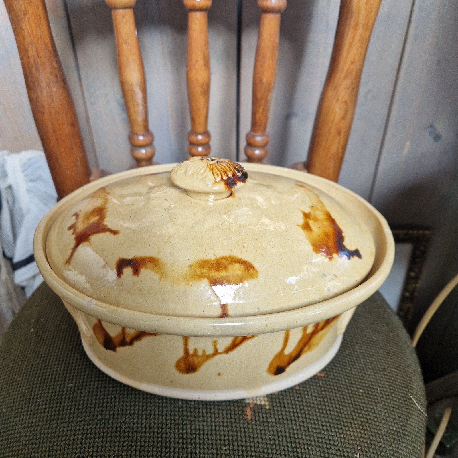 brocante oude franse schaal kom met deksel pate ovenschaal, Ophalen of Verzenden