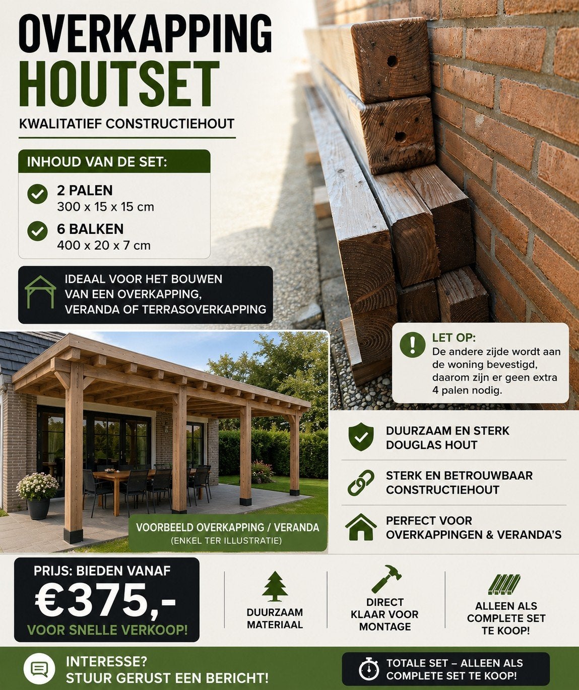 Douglas terrasoverkapping houtset – 2 palen + 6 balken – 4 m, Ophalen of Verzenden, Zo goed als nieuw, Metaal