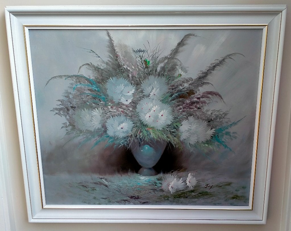 Olieverf Schilderij - Bloem Stilleven - Gesign - Witte Lijst, Antiek en Kunst, Kunst | Schilderijen | Klassiek, Ophalen of Verzenden